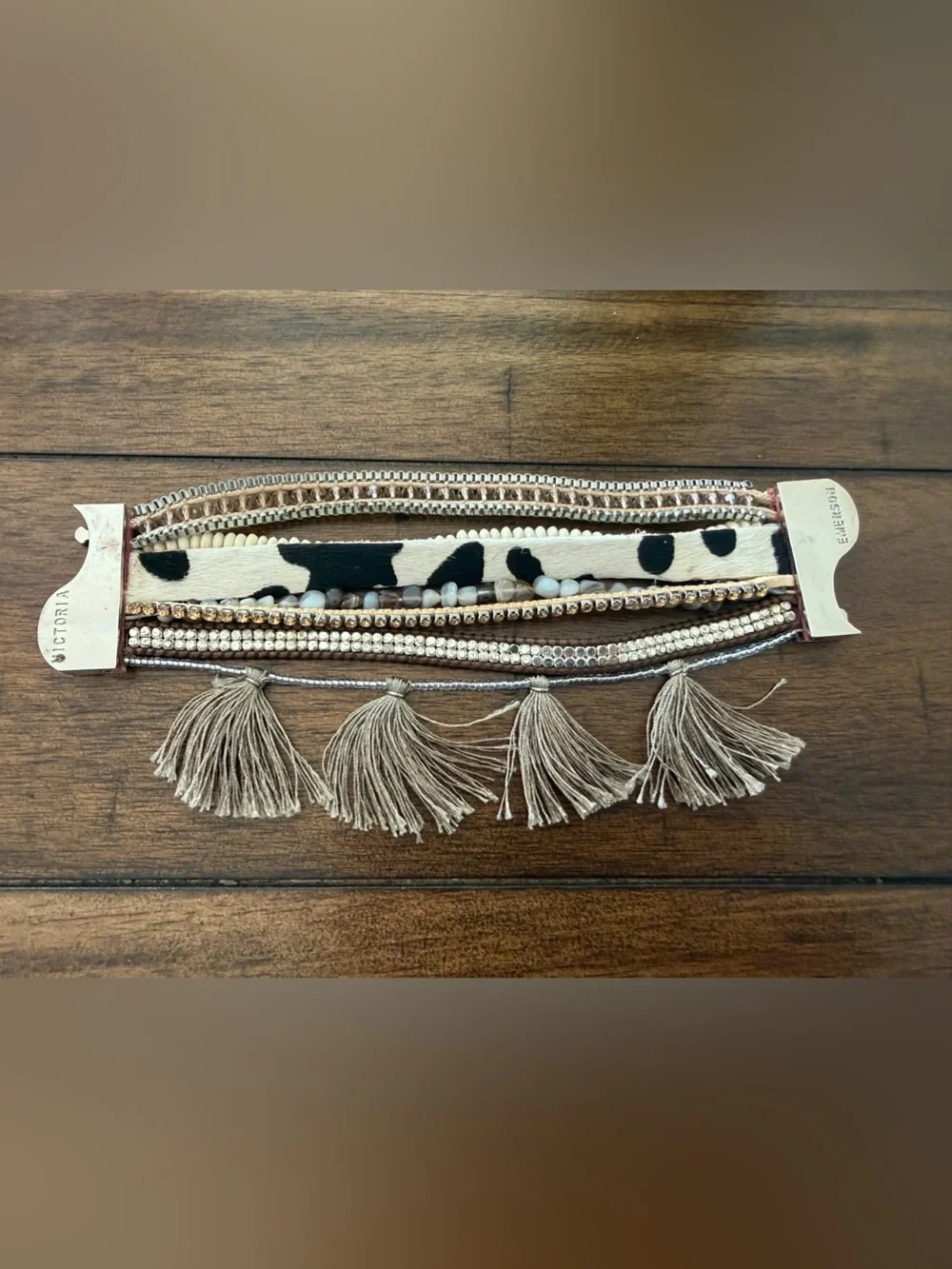 Victoria Emerson Boho Tassel Multi Strand Magnetic Clasp Bracelet Beads Leather